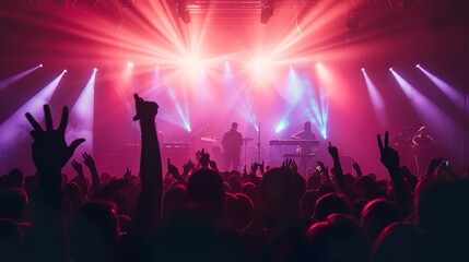 Canvas Print - a crowded concert hall with scene stage lights , rock show performance, with people silhouette, on d