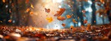 Fototapeta  - Autumn background with golden autumn leaves falling on the ground in a forest Generative AI