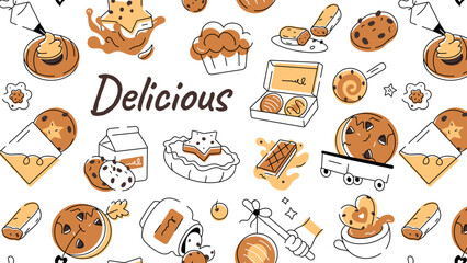 Poster - Doodle style cookie pattern depicting various types of bakery food and confectionery items 