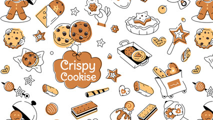 Poster - Doodle style cookie pattern depicting various types of bakery food and confectionery items 