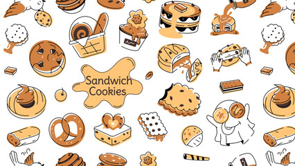 Sticker - Doodle style cookie pattern depicting various types of bakery food and confectionery items 