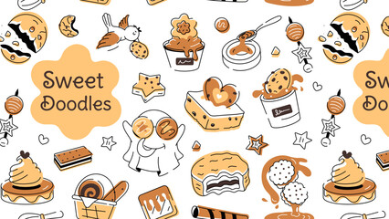 Sticker - Doodle style cookie pattern depicting various types of bakery food and confectionery items 