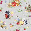 Watercolor seamless pattern with cute white rabbits and leaves. Wild animals, flowers. Hand-drawn adorable hare, branch, plants. Springtime background