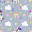 Colorful Unicorn pastel rainbow and clouds on blue sky watercolor seamless pattern.