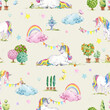 Colorful Unicorn pastel rainbow and clouds on blue sky watercolor seamless pattern.