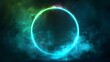 Magic futuristic surreal game portal with haze and blue and green gradient clouds. You can use it for a neon luminous ring frame with smoke and sparkles. A realistic modern led light circle with a