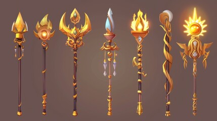 Poster - UI design for fantasy scepter with golden metal. Cartoony modern illustration of wizard and magician fantastic weapon design. Sorcerer enchantment stuff for role-playing games.