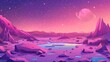 Landscape of alien planet with rocky surface and lake. Modern cartoon illustration of pink and purple space background with stars shimmering in the night sky and water puddles and stones in martian