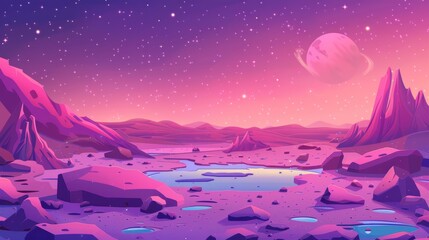Poster - landscape of alien planet with rocky surface and lake. modern cartoon illustration of pink and purpl