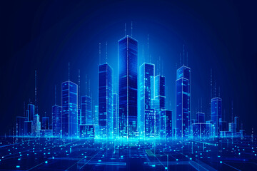 Wall Mural - blue digital city background, glowing cityscape in cyberspace