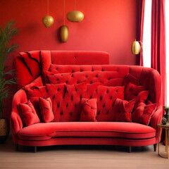 Crimson velvet sofa with many pillows. Art deco home interior design of modern living room, panorama.