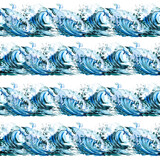 Fototapeta Zwierzęta - Watercolor sea. Seamless pattern. Horizontal Blue waves in the ocean. Drawn pattern of ocean waves
