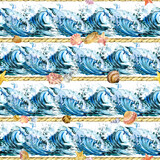 Fototapeta Konie - Watercolor sea. Seamless pattern. Horizontal Blue waves in the ocean. Drawn pattern of ocean waves