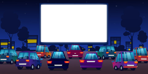 Outdoor cinema, drive-in movie theater with cars on open air parking. Drive-in cinema. Vector cartoon night city with glowing white blank screen and automobiles.