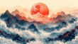 Modern abstract landscape with Japanese waves. Oriental art background with Chinese waves and clouds...
