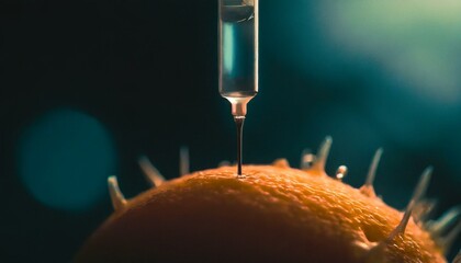 A close-up, macro image capturing a needle piercing a cancer cell, illustrating medical treatment or research at the cellular level 