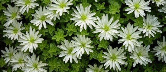 Wall Mural - A cluster of white petals with green centers, surrounded by lush green leaves. This terrestrial plant is a flowering groundcover, belonging to the herbaceous plant category