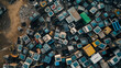 An overhead shot capturing the chaos of a massive electronic waste dumpsite filled with discarded monitors