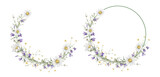 Fototapeta  - Wreath of yellow and white flower meadow, forest flowers. Watercolor hand painting illustration on isolate. Circlet of flowers with daisy or chamomile and violet bluebell. Botanical summer wildflower.