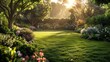 Picturesque Rose Garden with Blooming Bushes and Sunlight Filtering Through Trees