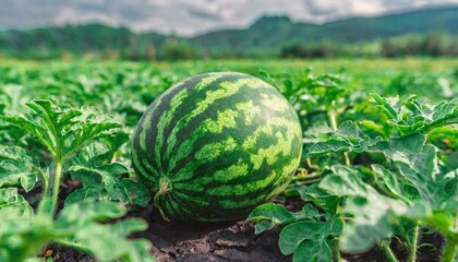 Wall Mural -  Watermelon on the green watermelon plantation in the summer. Agricultural watermelon field