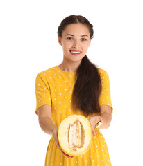 Poster - Beautiful young Asian woman with half of fresh melon isolated on white background