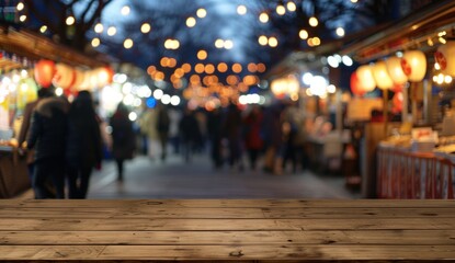 Empty wooden table top with blurred background of a Japanese winter market people walking around and eating at food stalls under lights at night Generative AI