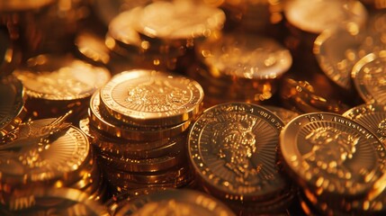 Poster - A pile of gold coins stacked on top of each other. Perfect for financial concepts