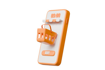 Poster - 3d smartphone store building with basket cart shopping online icon symbol on isolated orange background. Online shopping and delivery advertising concept. Minimal cartoon design icon. 3d rendering.