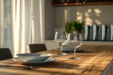 Poster - A wooden table set with plates and wine glasses. Perfect for food and beverage concepts