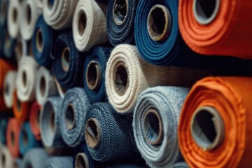 Poster - Various colored fabric rolls on a wall, great for interior design projects