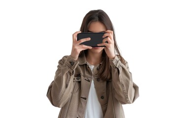 Poster - Woman capturing a moment with her smartphone. Suitable for technology and lifestyle concepts
