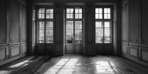 Poster - A simple black and white photo of an empty room. Suitable for various design projects