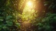 Green woodland trail, leaves dapple light, dynamic ecosystem in sharp detail