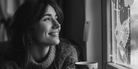 Poster - A woman enjoying a peaceful moment by the window. Suitable for lifestyle and relaxation concepts