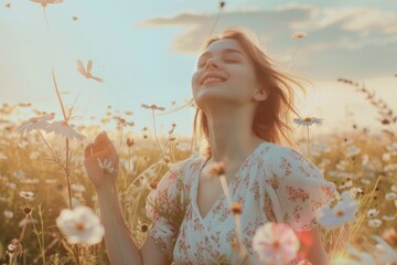 Poster - A woman standing in a field of colorful flowers. Suitable for nature and lifestyle concepts