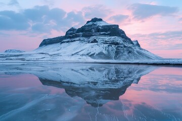 Wall Mural - Beautiful sunset scene with mountain reflection in water. Ideal for travel and nature concepts