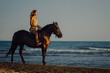 Profile view of an attractive woman riding a horse at sunset on a beach.