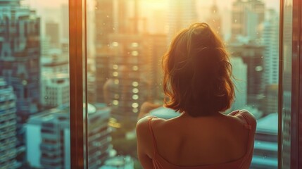 Poster - Woman looking out window at city, suitable for urban lifestyle concept
