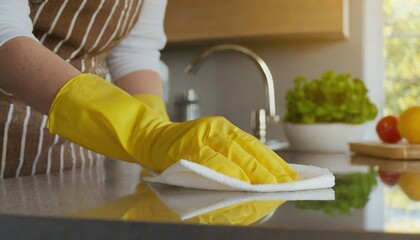 woman's hand in a yellow protective glove wipes the kitchen counter with a white cloth