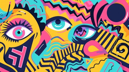 Poster - Group of people with different colored faces, suitable for diversity and inclusion concepts