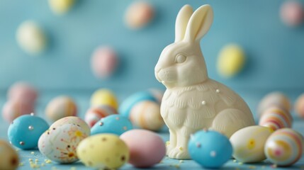 Wall Mural - White chocolate easter bunny, with colorful egg decoration, isolated on blue background. Luxury chocolate, Easter holiday. Delicious milk, dark chocolate bunny.	