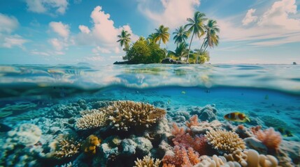 Poster - A vibrant coral reef with a picturesque small island in the background. Ideal for travel and marine themed designs