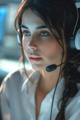 Poster - Woman wearing a headset and white shirt, suitable for business or communication concepts