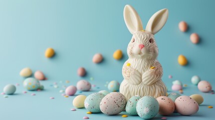 Poster - White chocolate easter bunny, with colorful egg decoration, isolated on blue background. Luxury chocolate, Easter holiday. Delicious milk, dark chocolate bunny.	