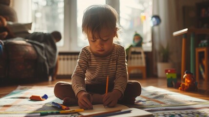 Poster - Young girl sitting on floor drawing with pencil, suitable for educational and artistic concepts