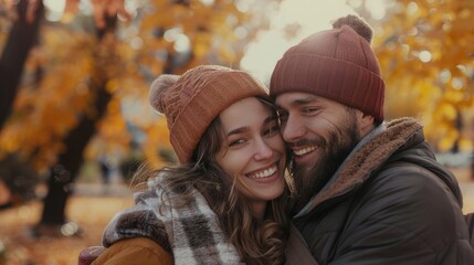 Poster - A man and a woman embracing in a green park. Suitable for relationship or outdoor lifestyle concepts