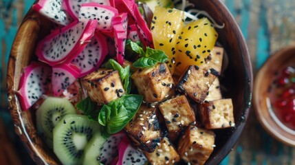 Poster - Healthy bowl of tofu and fresh fruit. Perfect for food blogs or health magazines