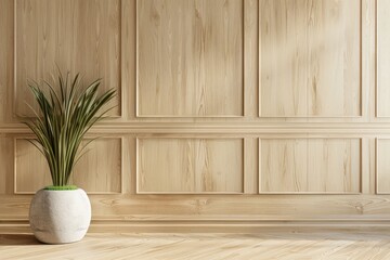 Wall Mural - A green plant sits in a simple white vase placed on a wooden floor, creating a natural and minimalist aesthetic.