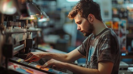 Aufkleber - A man is operating a machine in a store. Suitable for industrial and manufacturing concepts